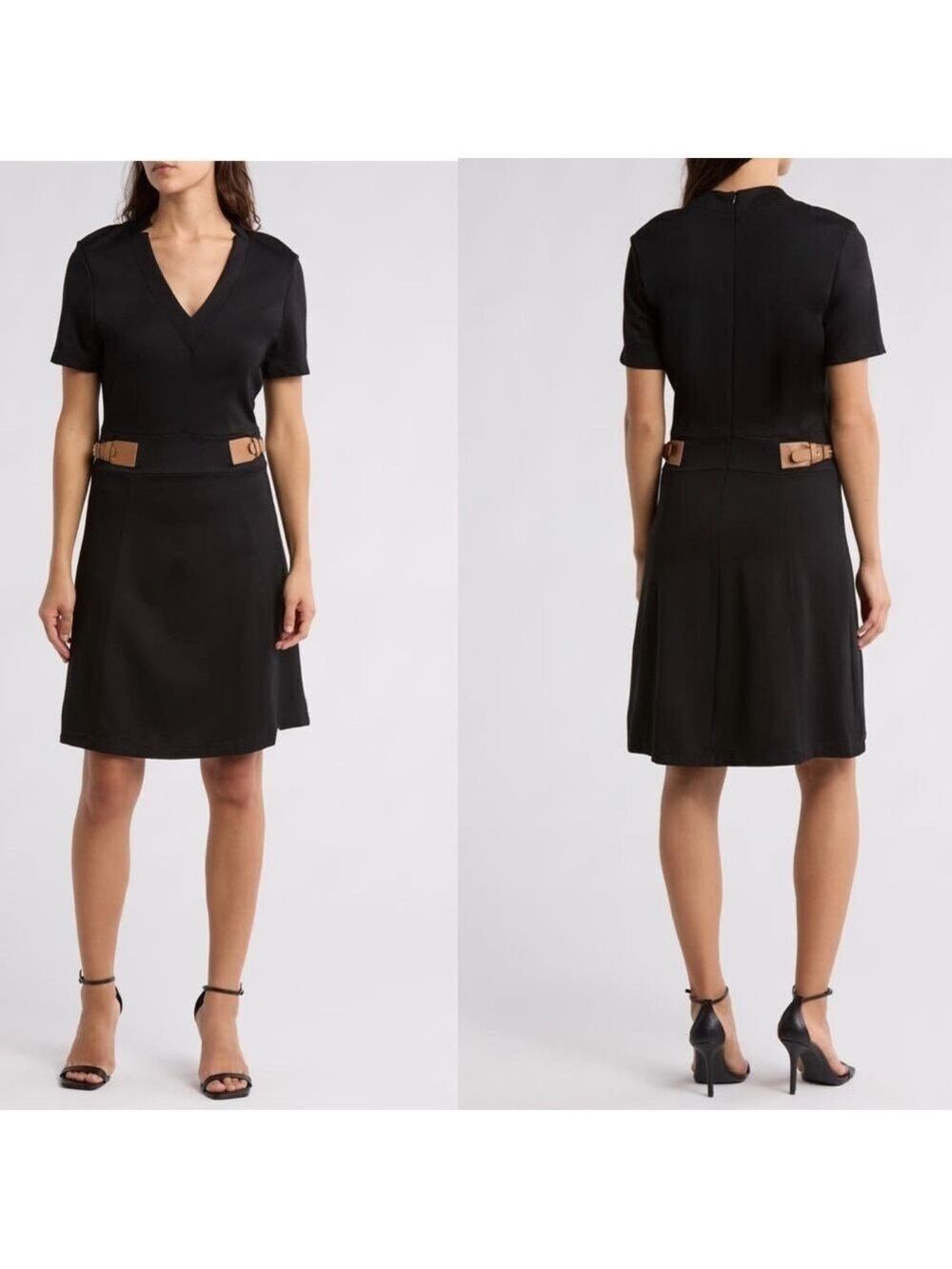 Ellen Tracy Black Belted Short Sleeve Fit & Flare Dress Sz M NWT